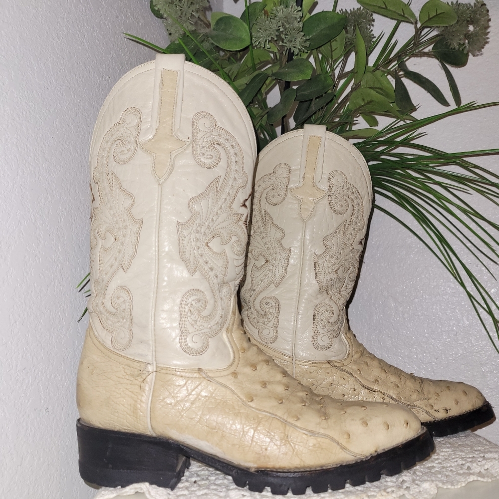 PISTOLERO Cream Ostrich Leather Cowboy/Cowgirl Boots Embroidery Size W9 Men 6 - Picture 2 of 13